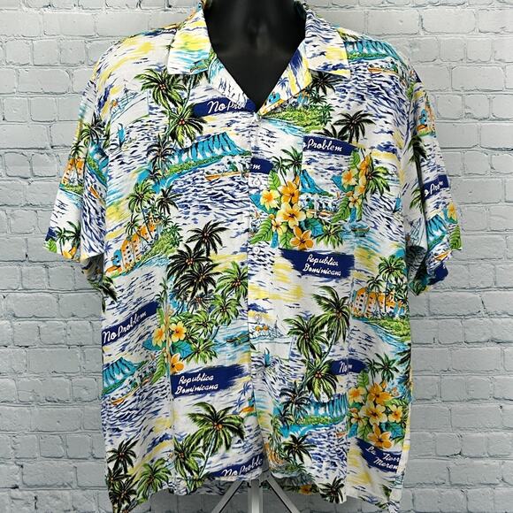 No Problem Dominican Republic Hawaiian Camp Shirt Tropical White Mens XL X-Large - Picture 2 of 5